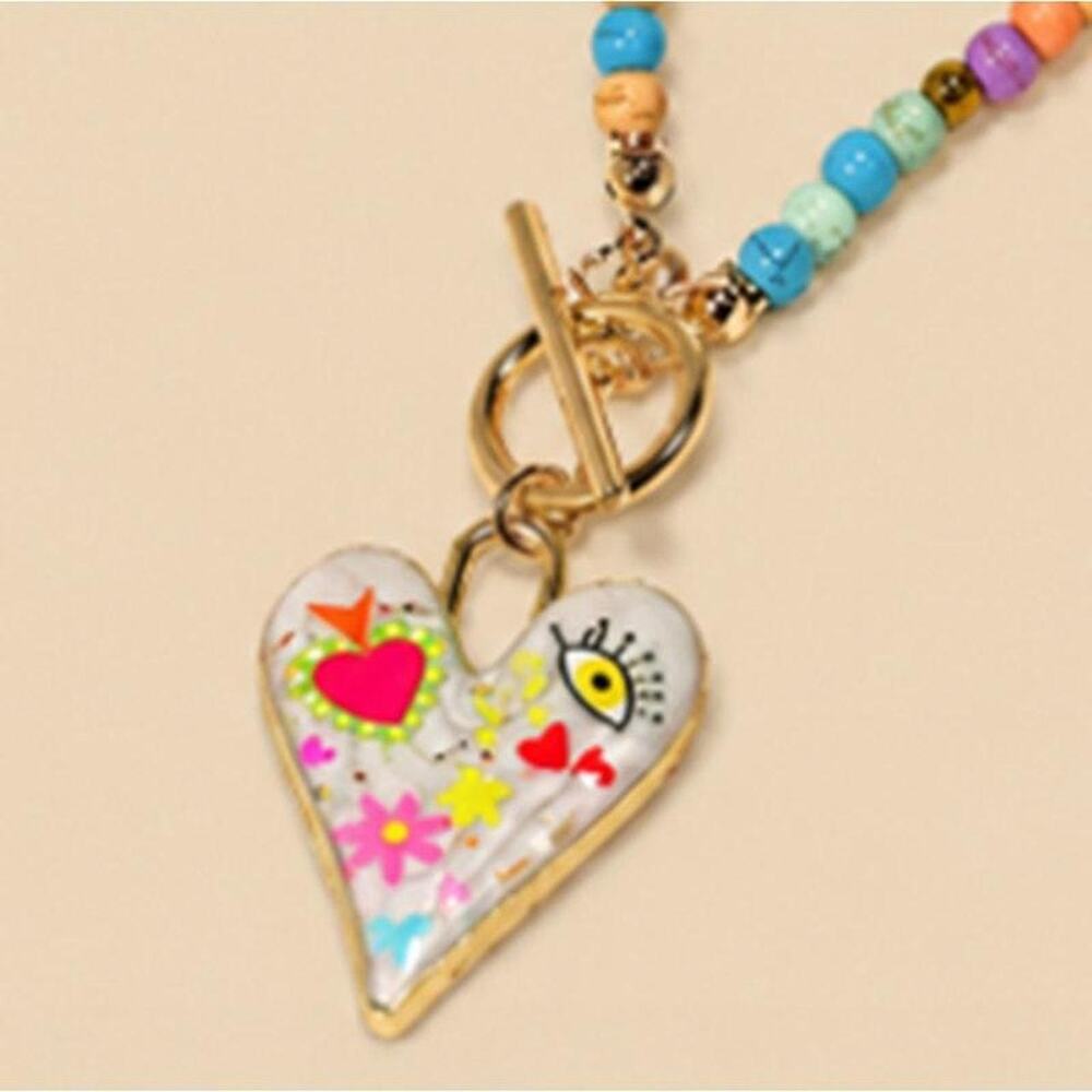 Boho Hand Beaded Evil Eye Heart Pendant Toggle Clasp Necklace